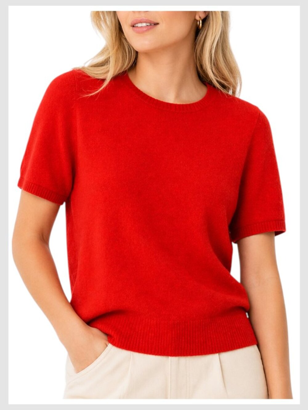 H by Halston Cashmere Short Sleeve Sweater Red Crewneck S